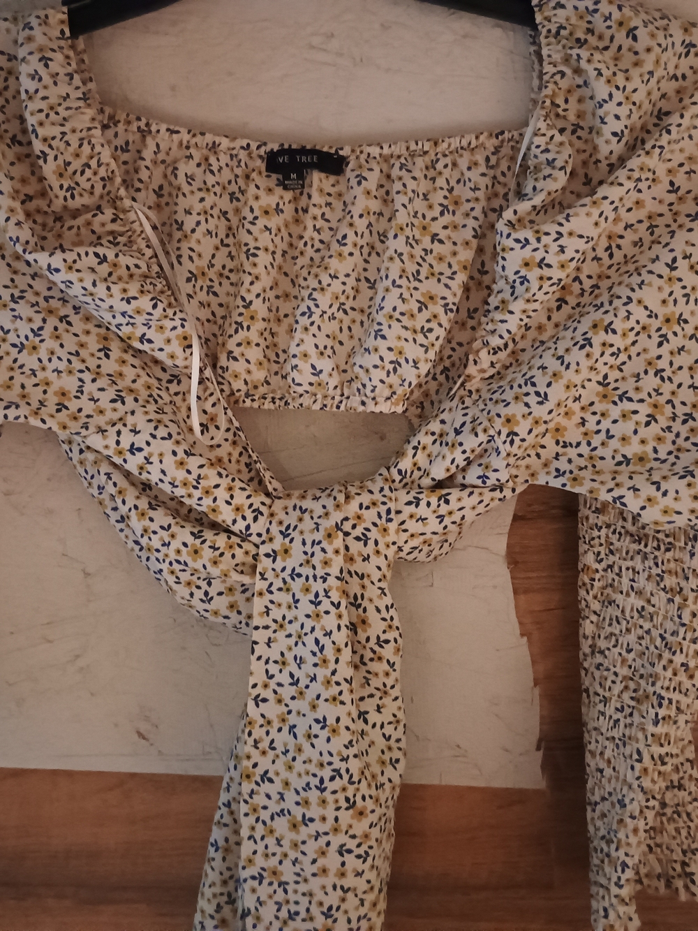 Love Tree Cream Floral Tie-Front Blouse with Blue & Mustard Details